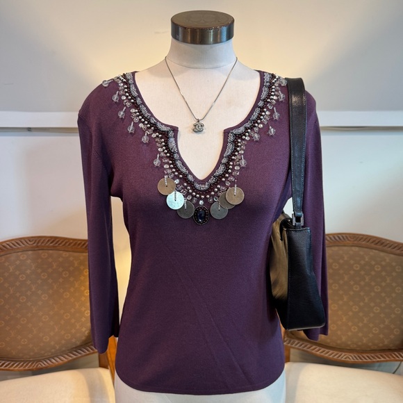 Joseph A Tops - Vintage 90s Purple Knit Boho Fairy Top with Beaded Embroidered Details